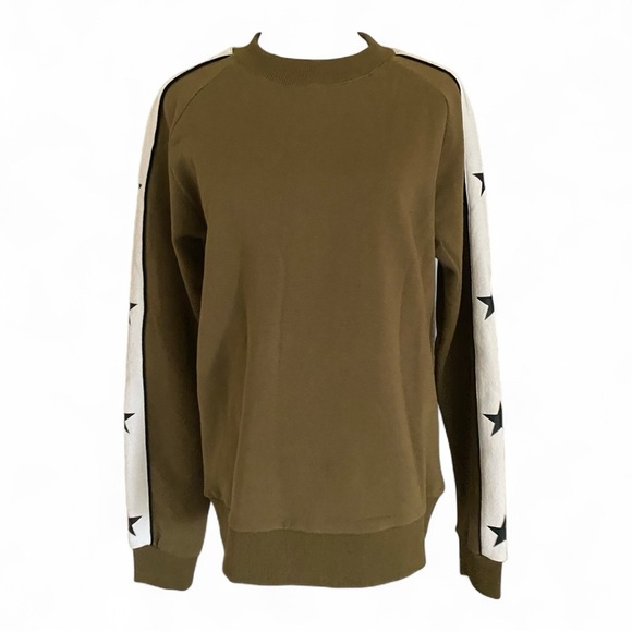 ELLANDEMM Crewneck Sweatshirt White Stripes Black Star Sleeve Detail Olive Green - Picture 10 of 14